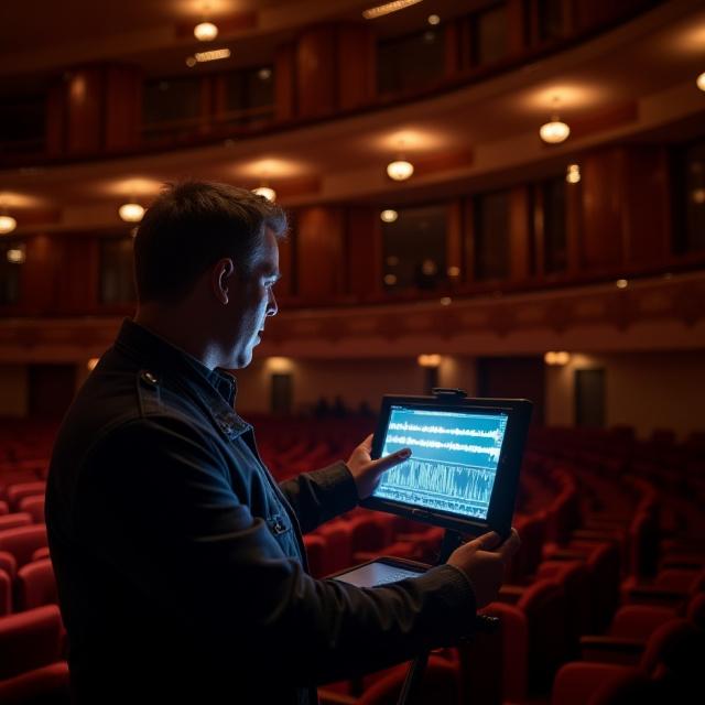 Akustikingenieur bei der Klangmessung in einem luxuriösen Konzertsaal