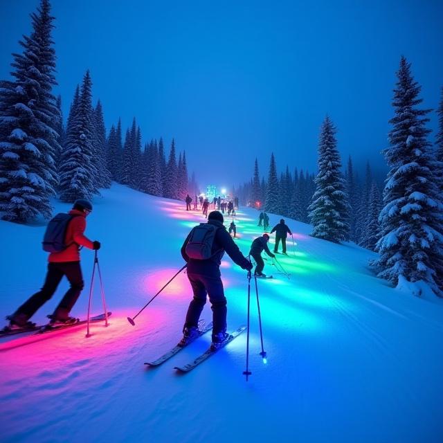 Gäste interagieren mit einer musikalischen Lichtinstallation auf der Piste