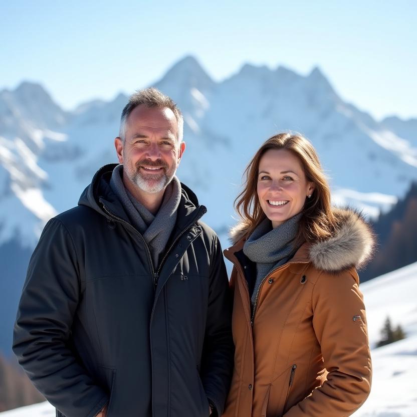 Die Gründer von Snowfall Serenade, Klaus Richter und Anja Weber, vor einer verschneiten Bergkulisse